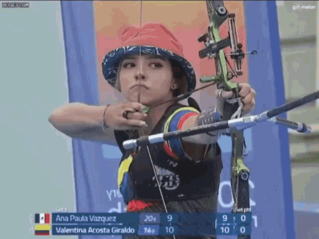 a woman is holding a bow and arrow with the name ana paula vazquez on the bottom right