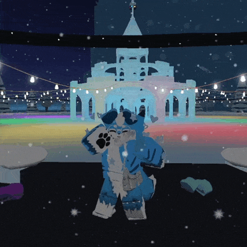 a cartoon character standing in front of a castle