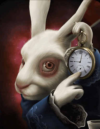 a white rabbit is holding a pocket watch with roman numerals on the face