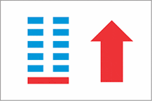 a red and blue arrow pointing upwards with a white background