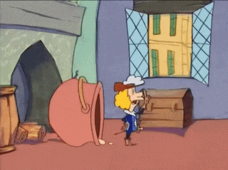 a cartoon of a man standing in front of a pot and a trunk