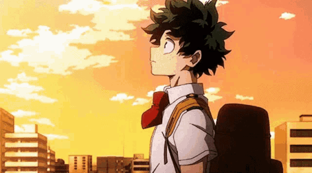 a young boy with a backpack is standing in front of a city .