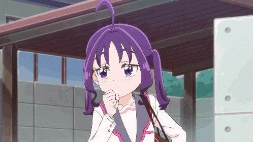 a girl with purple hair is standing under a wooden roof