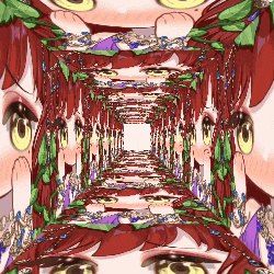 a cartoon of a girl with red hair and yellow eyes looking down a tunnel