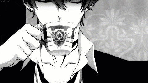 a black and white drawing of a man drinking from a cup with a flower on it