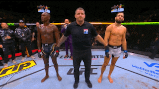 a referee stands between two fighters in a boxing ring with a ufc logo in the background