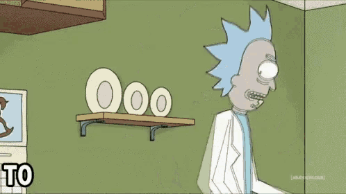 a cartoon character from rick and morty is standing in front of a shelf with a bunch of plates on it .