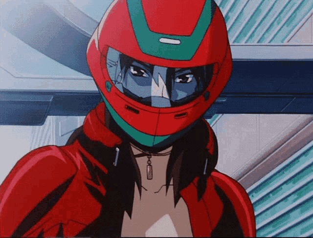 a cartoon character wearing a red helmet with green trim
