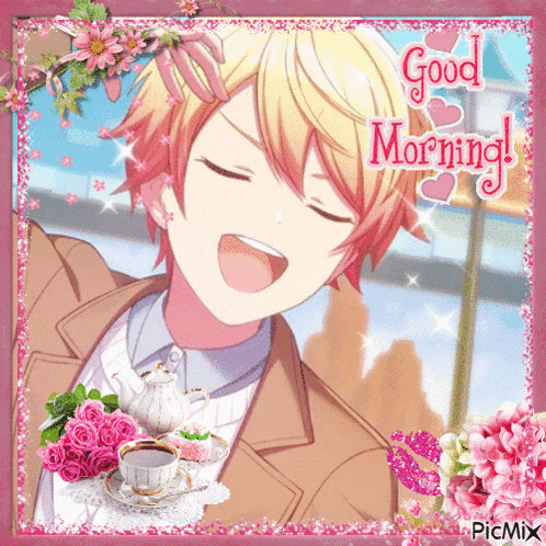 a picture of a boy with a cup of coffee and the words good morning on it