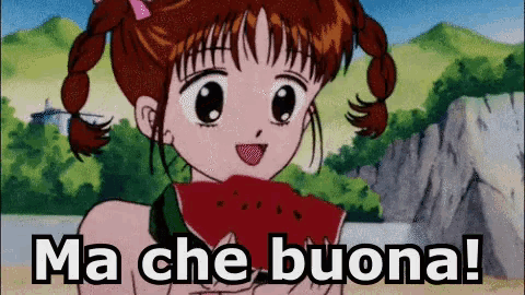 a cartoon girl is eating a slice of watermelon with the words ma che buona written below her