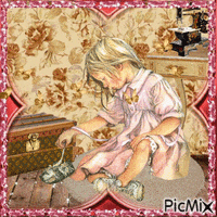 a little girl in a pink dress is sitting on a stool tying her shoes
