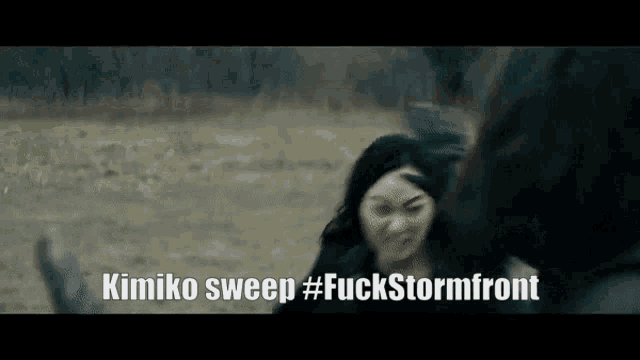 a woman is fighting a man in a field with the words kimiko sweep #fuckstormfront written on the screen .