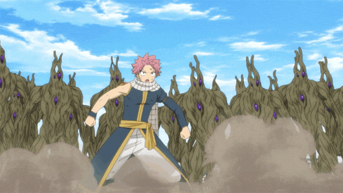 a cartoon character stands in front of a bunch of trees with purple eyes