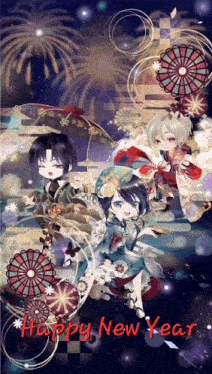 a happy new year greeting card with three anime characters and fireworks
