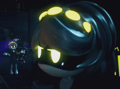 a close up of a cartoon character 's face with glowing eyes