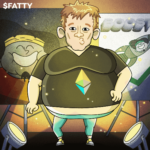 a cartoon drawing of a fat man with the name $ fatty on the bottom