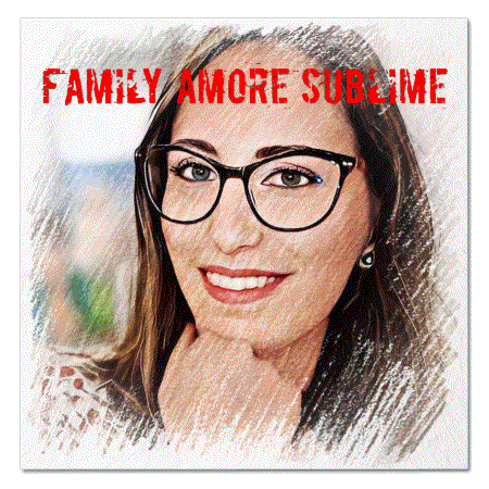 a picture of a woman with glasses and the words family amore sublime