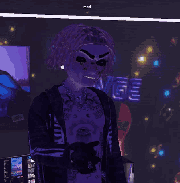 a video game character is standing in front of a neon sign that says " mad "