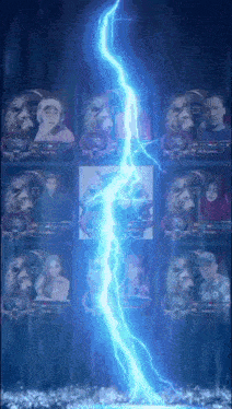 a lightning bolt is coming through a display of pictures of people