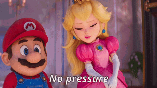 mario and princess peach are standing next to each other with the words " no pressure " above them