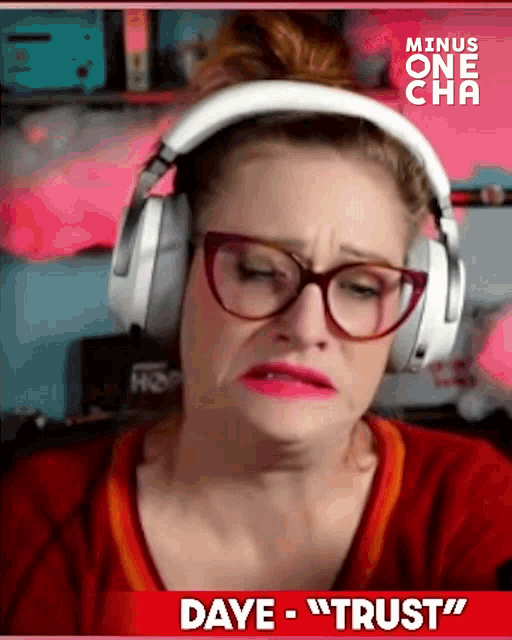 a woman wearing headphones with the words " dave " on the bottom