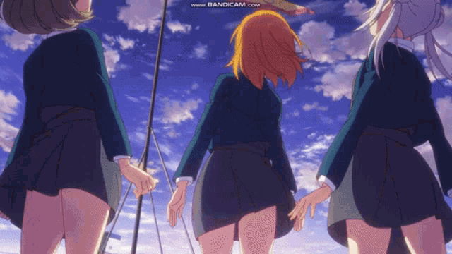 three anime girls are standing in front of a blue sky with www.bandicam.com written on the bottom right