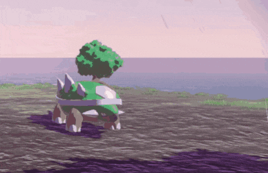 a green turtle with a tree on its back is standing in a field