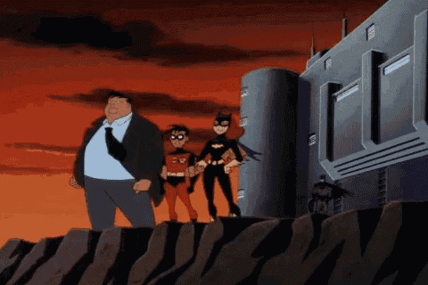a group of cartoon characters standing next to each other in front of a building that has the word joker on it