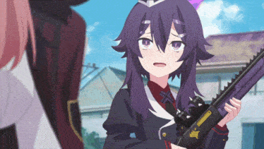 a girl with purple hair is holding a purple rifle