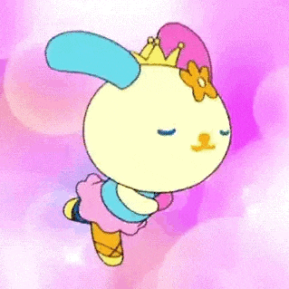 a cartoon bunny with a crown on its head is running .