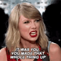 taylor swift is making a funny face and saying `` it was you you made that whole thing up '' .