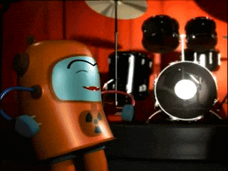 a cartoon character is standing in front of a drum kit