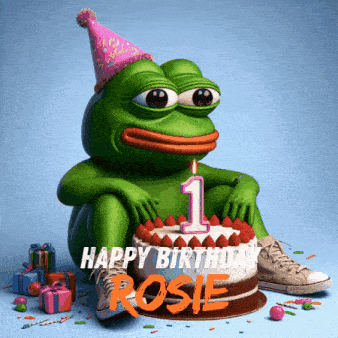 a frog wearing a party hat is sitting next to a birthday cake