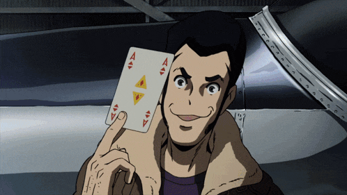 a man in a cartoon holding a playing card with the ace of spades on it