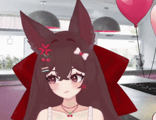 a girl with a cherry on her hair is standing in a room with balloons