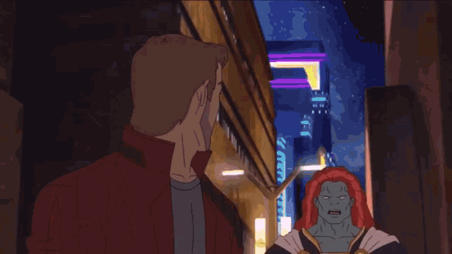 two cartoon characters are standing next to each other and one has red hair