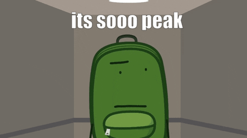 a cartoon drawing of a green suitcase with the words its sooo peak above it