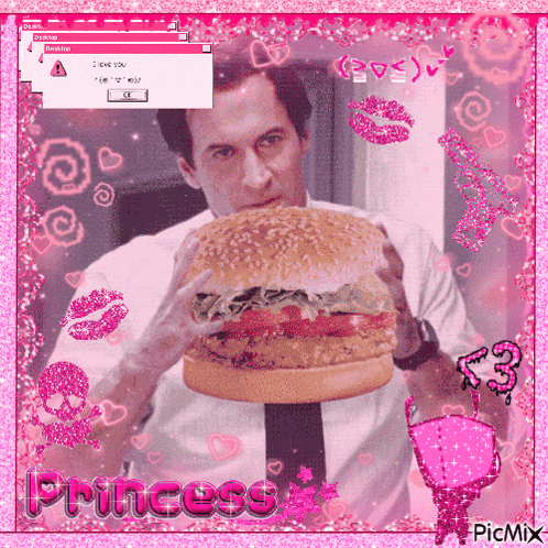 a picture of a man eating a hamburger with the words princess written on the bottom