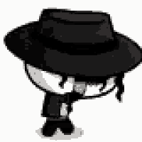 a cartoon character is wearing a black hat and a black jacket .