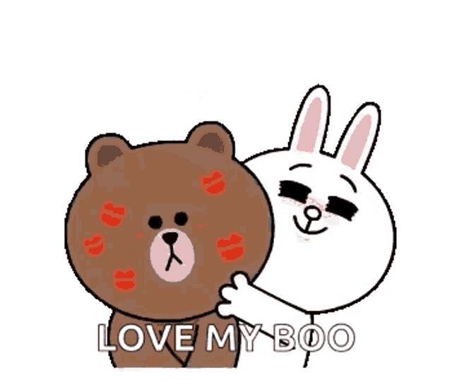 a brown bear and a white rabbit are hugging each other and the rabbit is saying `` love my boo '' .