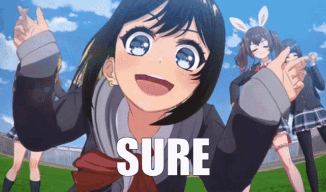 a girl in a school uniform is smiling with the word sure above her