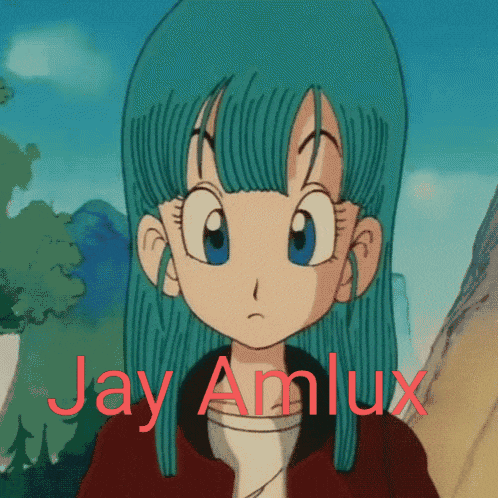 a picture of a girl with blue hair and the name jay amlux on the bottom