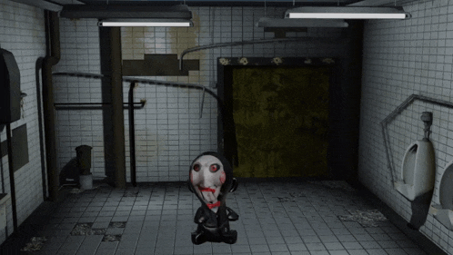 a cartoon character with a bloody face is standing in a bathroom