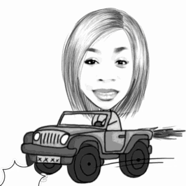 a black and white drawing of a woman driving a jeep with a license plate that says xxx