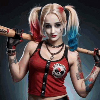 a woman in a harley quinn costume is holding a baseball bat over her shoulder