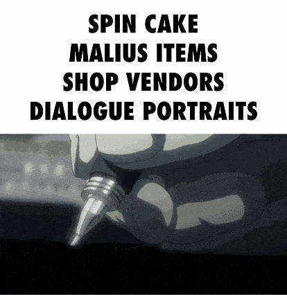 a picture of a person holding a pen with the words spin cake malius items shop vendors dialogue portraits above it