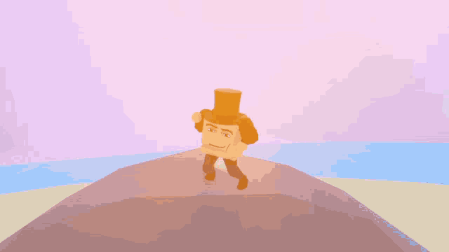 a person in a top hat walking down a path