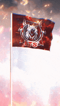 a red and white flag with the word bts written on it