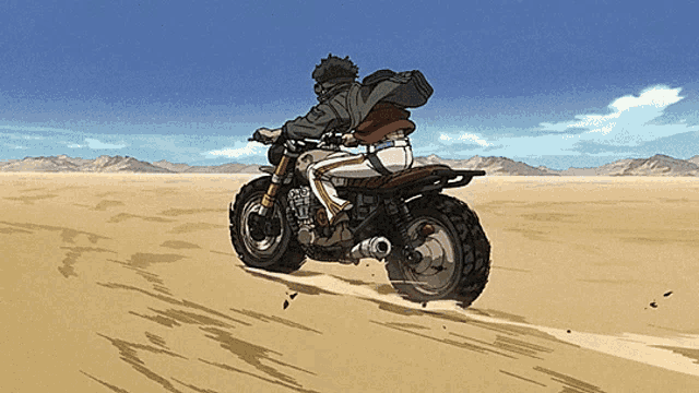 a person riding a motorcycle in the desert with mountains in the background