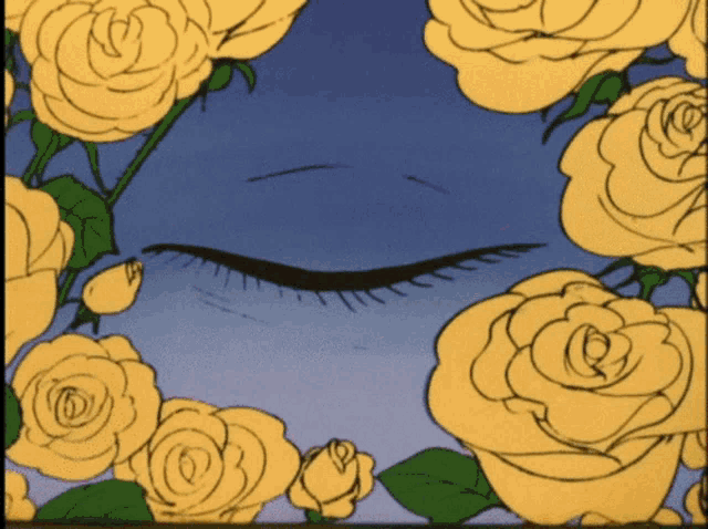 a drawing of a person surrounded by yellow roses
